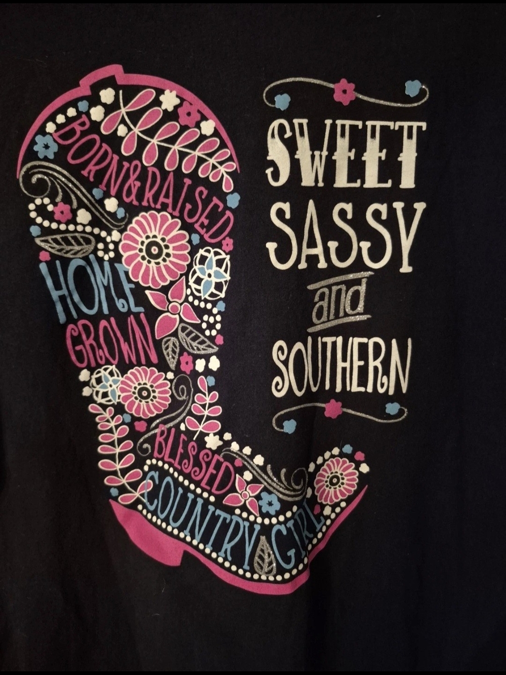 Southern Yall Long Sleeve Tee - Black with Pink & Blue Graphic